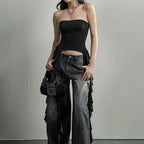 Asymmetrical Fringed Ruffle Black Crop Top