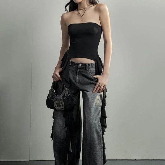 Asymmetrical Fringed Ruffle Black Crop Top