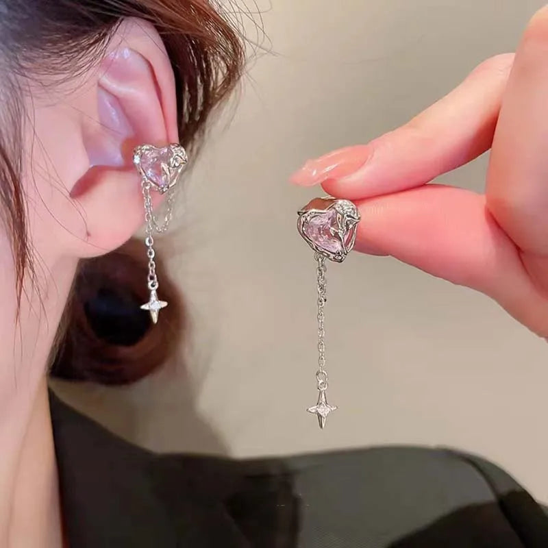 Pink Crystal Heart Star Tassel Clip Earring