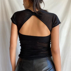 Backless Square-neck Mesh Crop Top