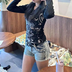 Vintage Gothic Black V-neck Blouse