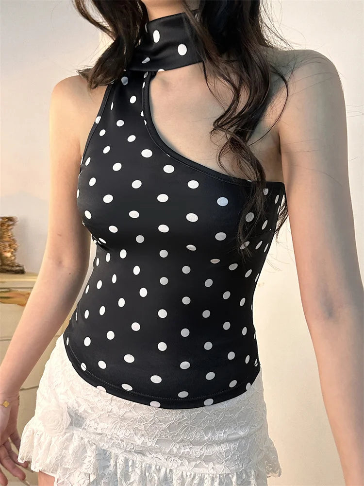 Off Shoulder Sleeveless Dot Print Mini Crop Top Main image
