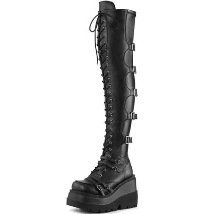 Thigh High Black Leather Gothic Platform Boot