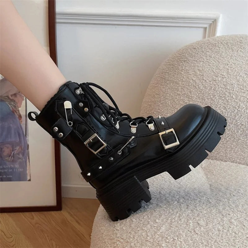 Gothic Style Platform Mid-Calf Motorcycle Boot