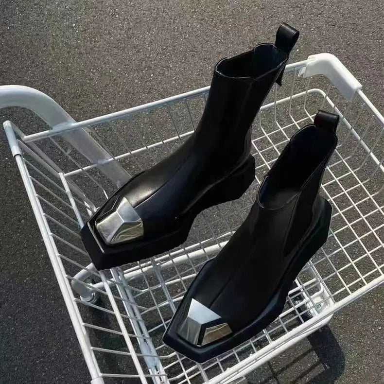 Metal Square Toe Platform Chelsea Gothic Short Boot