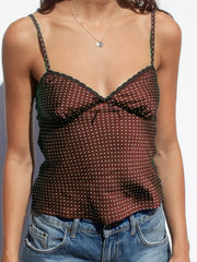 Retro Dots Print Lace Trim V Neck Crop Top