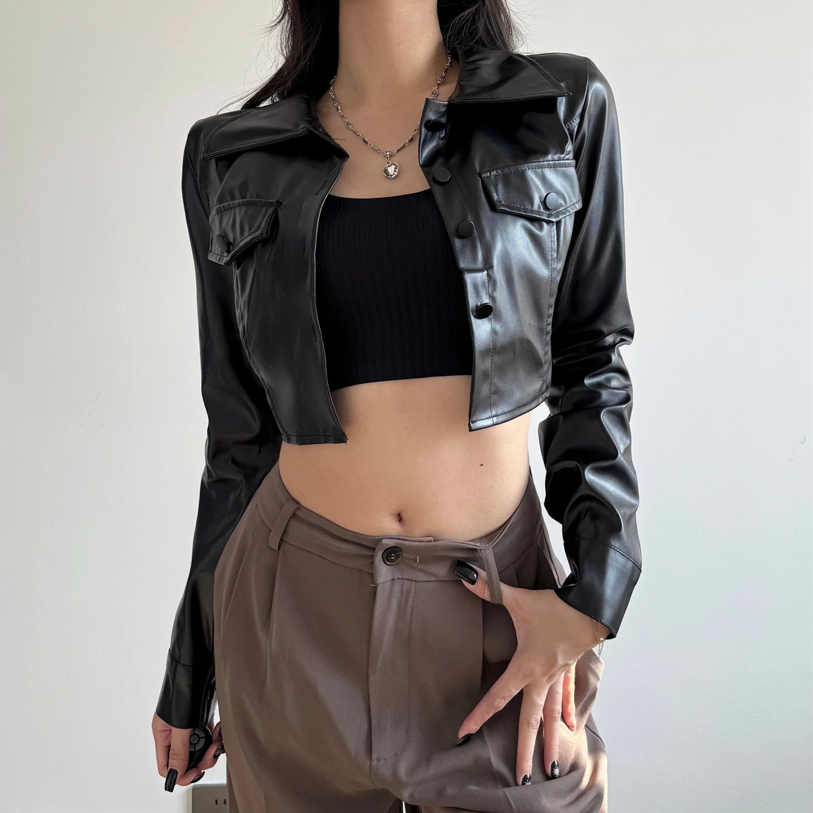 Button Detail Short Faux Leather Jacket