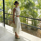 Slim Fit Lace Hollow Top with White Beach Skirt Crop Top