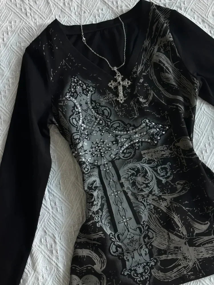 Gothic V-neck Graphic Cotton T-shirt