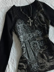 Gothic V-neck Graphic Cotton T-shirt