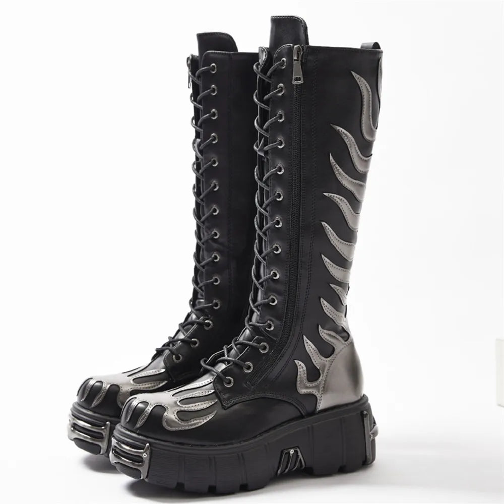 Fashion Punk Lace-Up Round Toe Knee High Gothic Boot