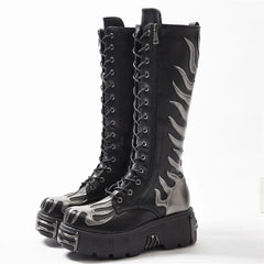 Fashion Punk Lace-Up Round Toe Knee High Gothic Boot