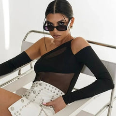 Hollow Out See Through Mesh Bodysuit Crop Top
