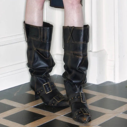 Pointed Toe Metal Rivet Gothic Knee-High Boot