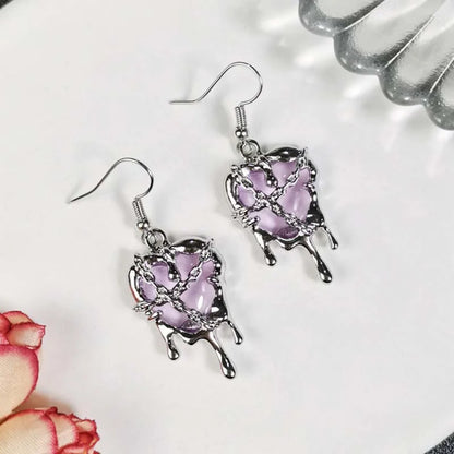 Gothic Red Crystal Lava Heart Pendant Earring