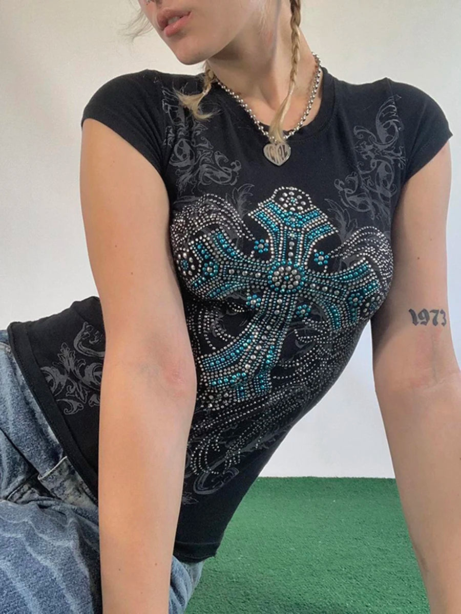 Gothic Rhinestone Short Sleeve Crop Top