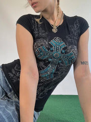 Gothic Rhinestone Short Sleeve Crop Top