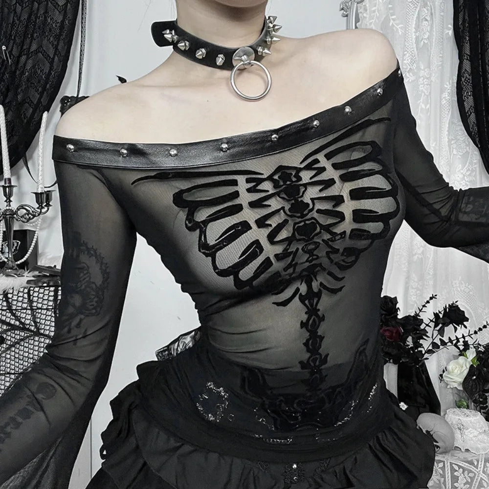 Flocked Skull Print Bell Sleeve  Mesh Top