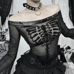 Flocked Skull Print Bell Sleeve  Mesh Top