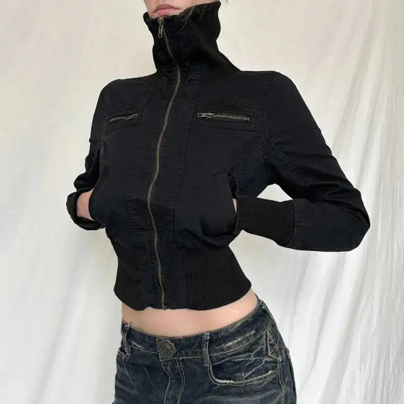 Retro Zip Up Stand Collar Jacket