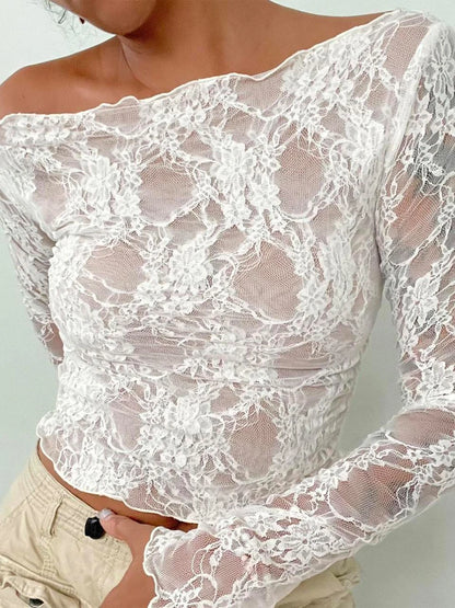 Floral Lace Long Sleeve Y2K Crop Top