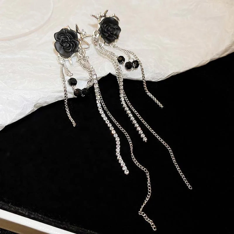 Black Flower Tassel Zircon Ear Cuff Earring