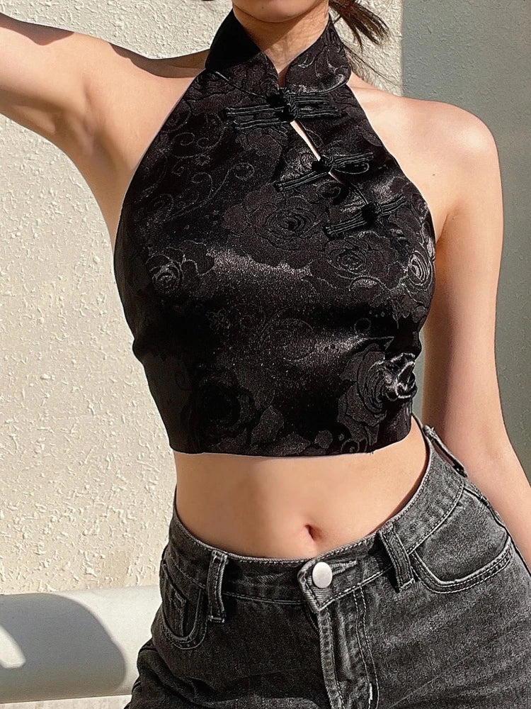 Jacquard Black Halter Lace-Up Bow Crop Top Main image