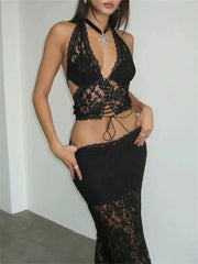 See Through Halter Backless Lace-Up Crop Top