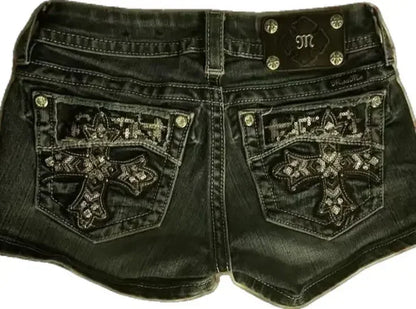 Skull Embroidered Denim Short