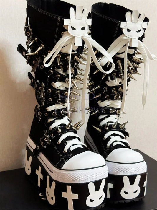 Cross Rivet Knee-high Gothic Platform Boot