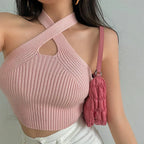 Black Halter Knit Sexy Crop Top