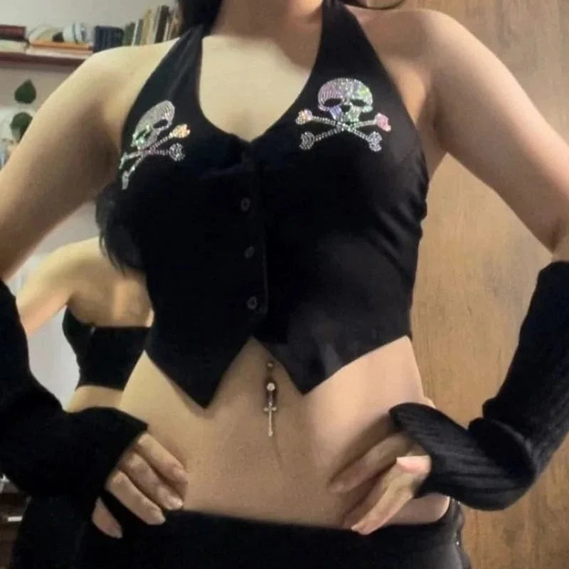 Skull Rhinestone Gothic Bandage Crop Top