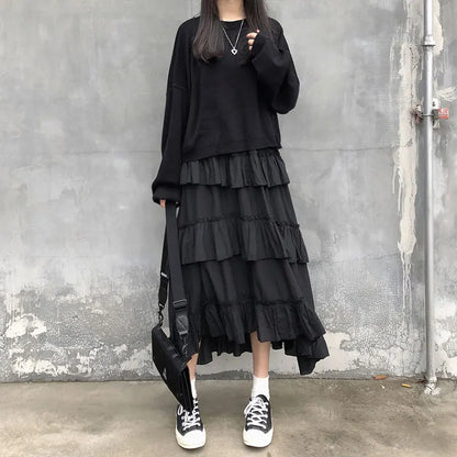Gothic High Low Ruched Ruffle Skirt