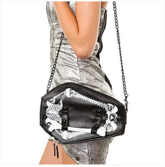 Skeleton Coffin Gothic Bat Black Pu Leather Crossbody Bag Halloween