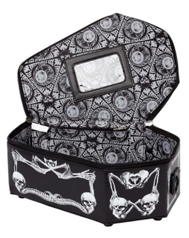 Skeleton Coffin Gothic Bat Black Pu Leather Crossbody Bag Halloween