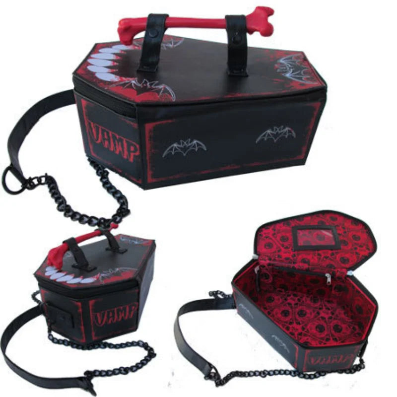 Skeleton Coffin Gothic Bat Black Pu Leather Crossbody Bag Halloween