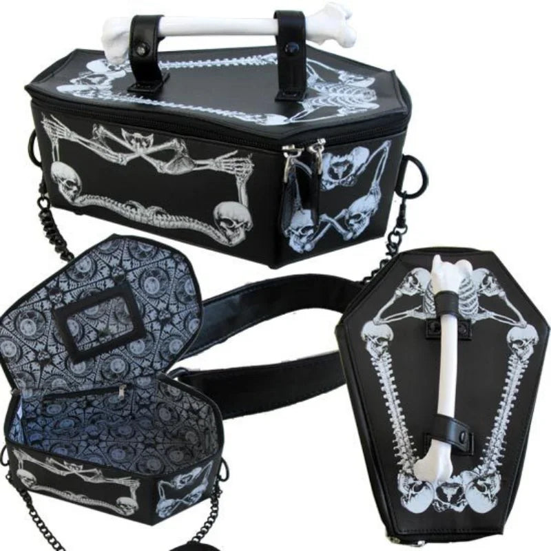 Skeleton Coffin Gothic Bat Black PU Leather Crossbody Bag Secondary image