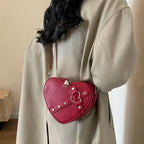 Vintage Y2K Small Chain Rivet Heart Shaped Red Pu Leather Bag Halloween