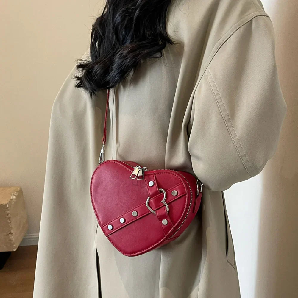 Vintage Y2K Small Chain Rivet Heart Shaped Red Pu Leather Bag Halloween
