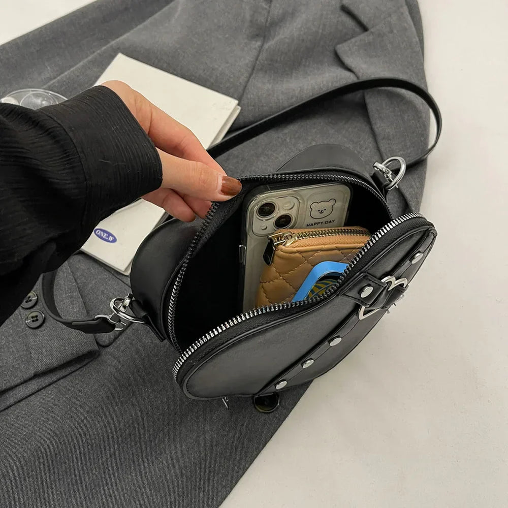 Vintage Y2K Small Chain Rivet Heart Shaped Red Pu Leather Bag Halloween