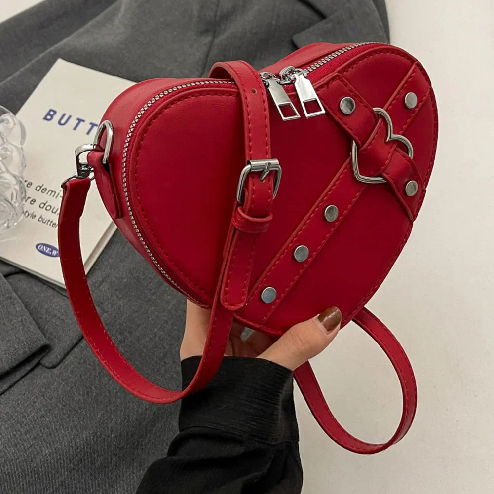 Vintage Y2K Small Chain Rivet Heart Shaped Red Pu Leather Bag Wine Halloween Main image