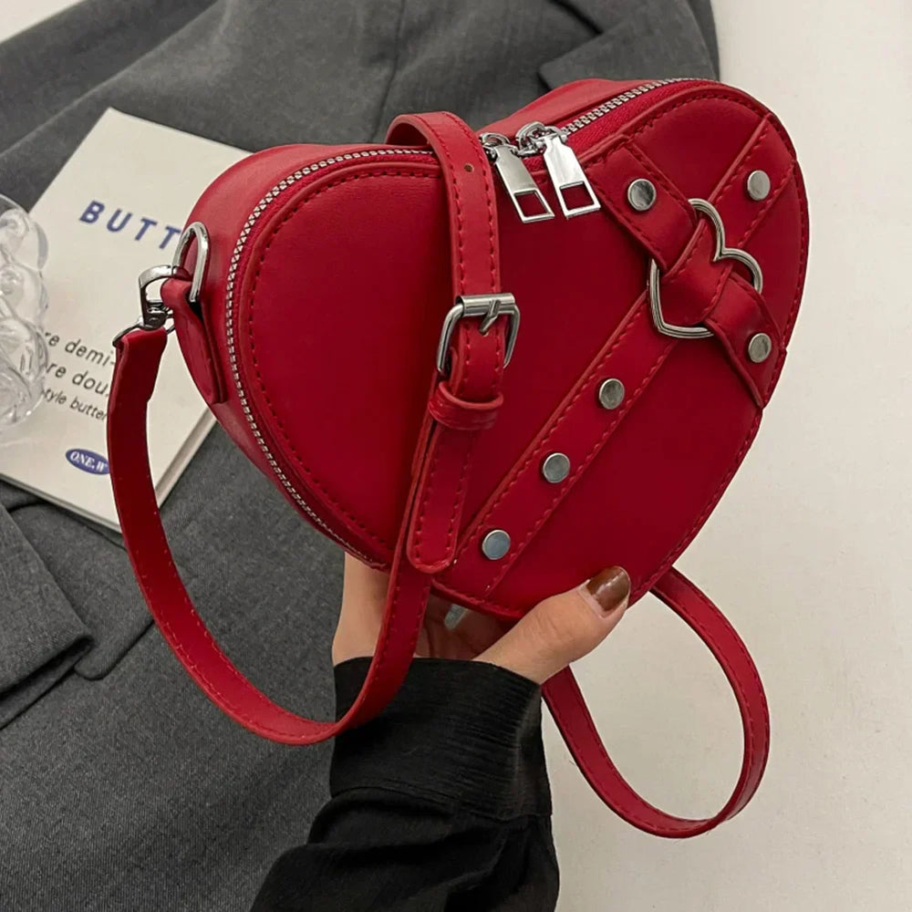 Vintage Y2K Small Chain Rivet Heart Shaped Red Pu Leather Bag Wine Halloween