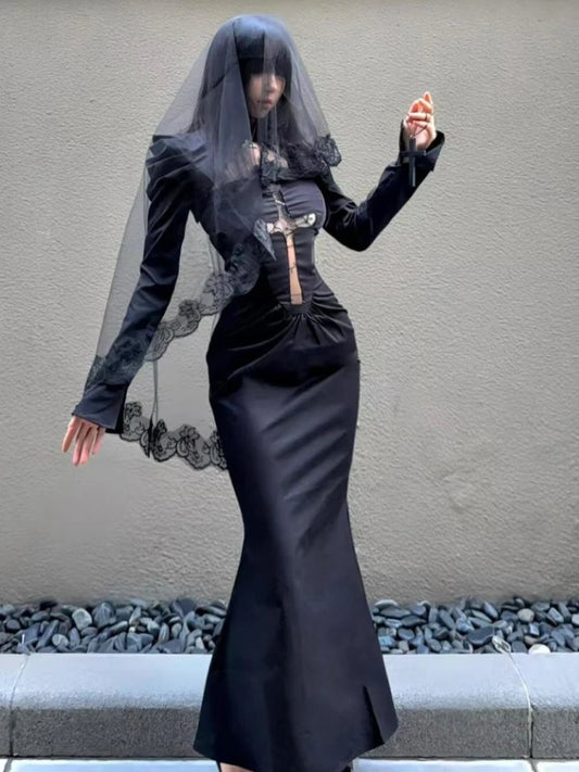 Lace Veil Cross Decor Maxi Dress