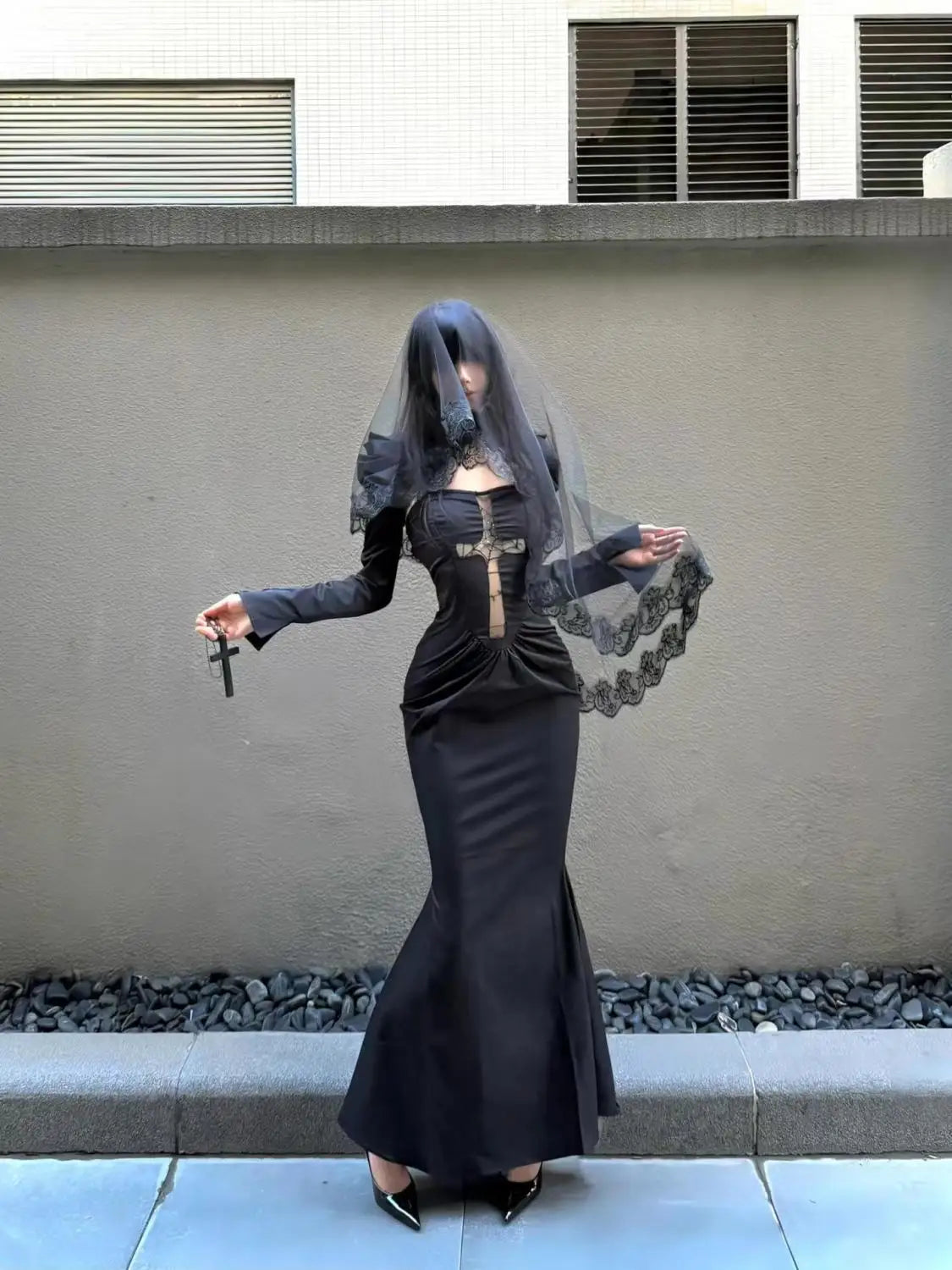 Lace Veil Cross Decor Maxi Dress