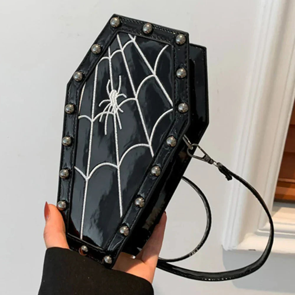 Gothic Adjustable Spider Coffin Shape Mobile Phone Y2K Halloween Women Satchel Purse Bag Black2