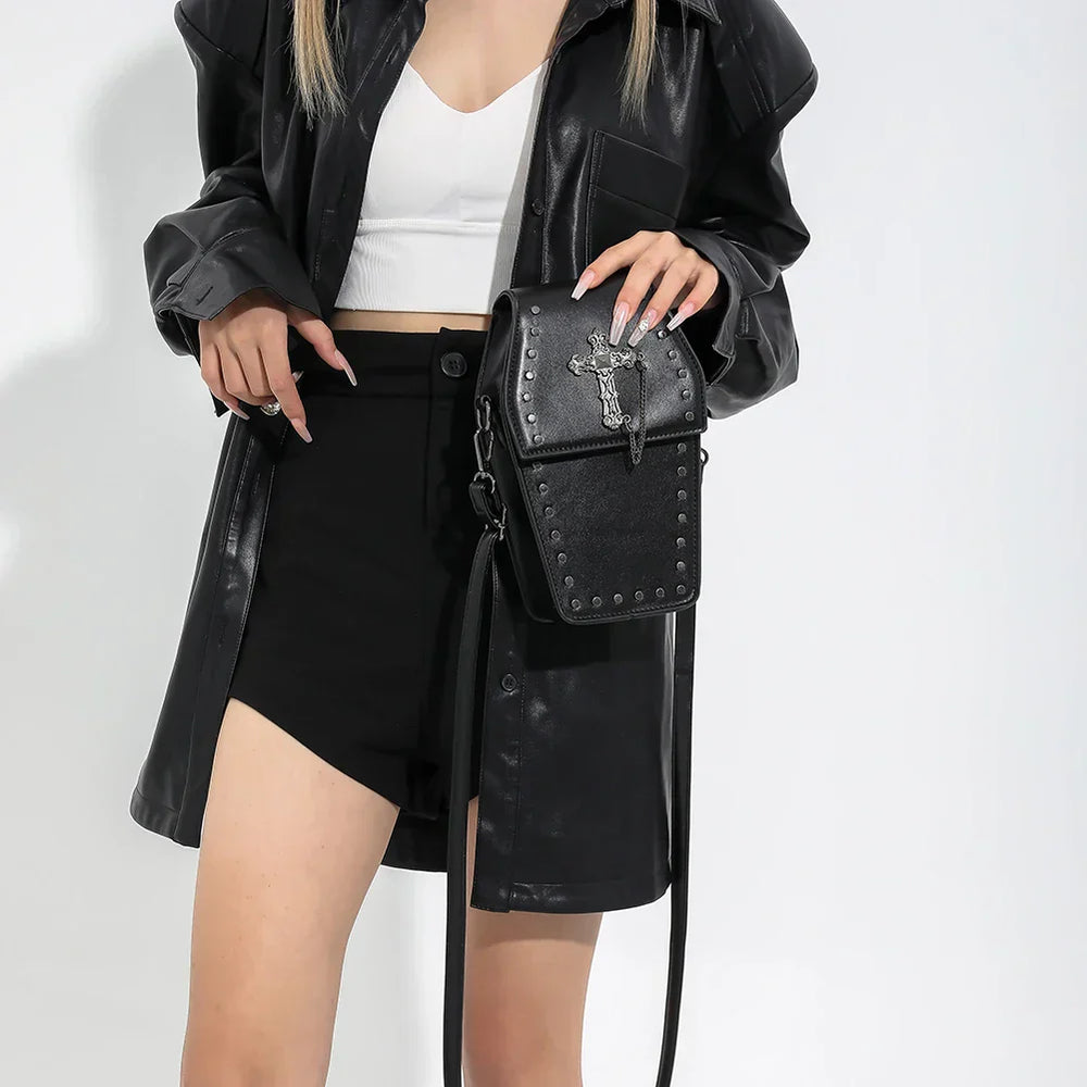 Women Gothic Coffin Zipper Strap Adjustable Pu Leather Halloween Bag
