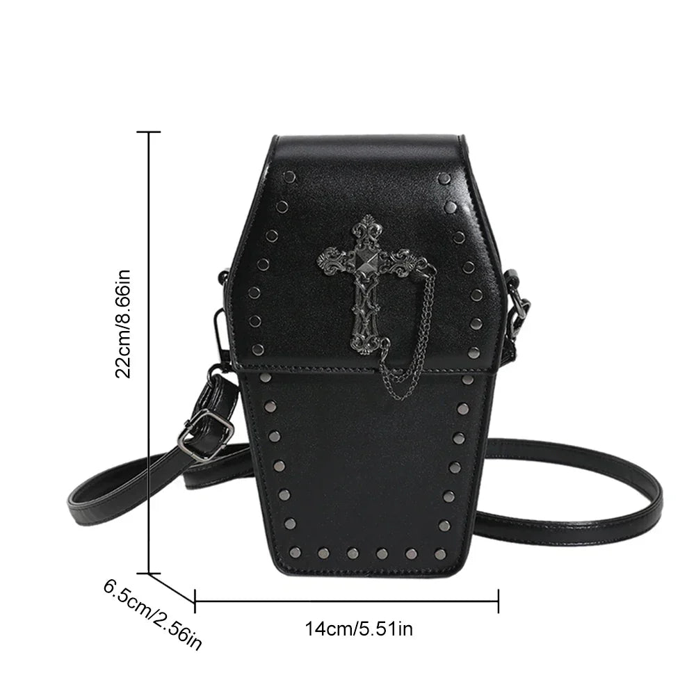 Women Gothic Coffin Zipper Strap Adjustable Pu Leather Halloween Bag