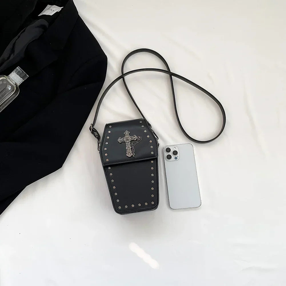 Women Gothic Coffin Zipper Strap Adjustable Pu Leather Halloween Bag