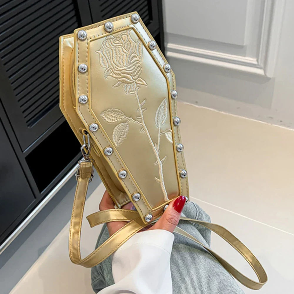 Creative Pu Coffin Shape Embroidery Underarm Phone Office Travel Bag Gold Halloween
