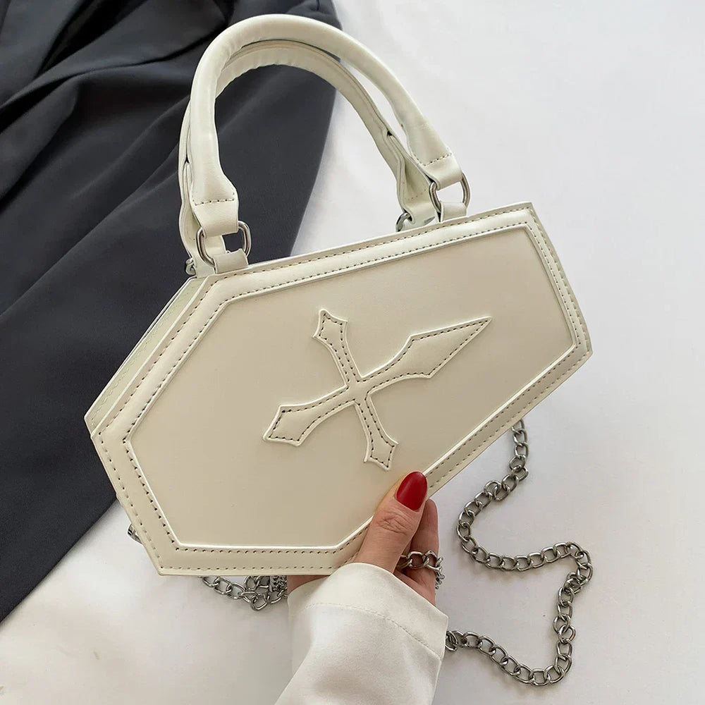 Large Capacity Coffin Shape Phone Shoulder Pu Top Handle Travel Cosmetic Crossbody Bag White